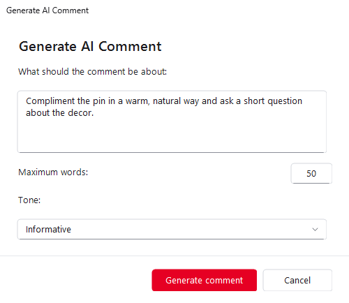 Ninja Pinner AI comment generator with topic, maximum words and tone settings