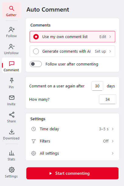 Ninja Pinner Auto Comment panel with your own comment list or AI-generated comments