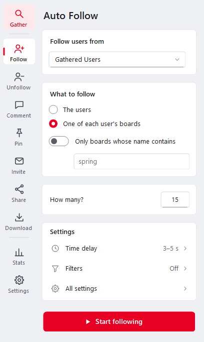 Ninja Pinner Auto Follow settings for following gathered Pinterest users or one of their boards