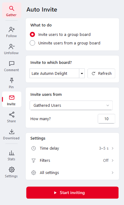 Ninja Pinner Auto Invite settings for inviting gathered users to a group board