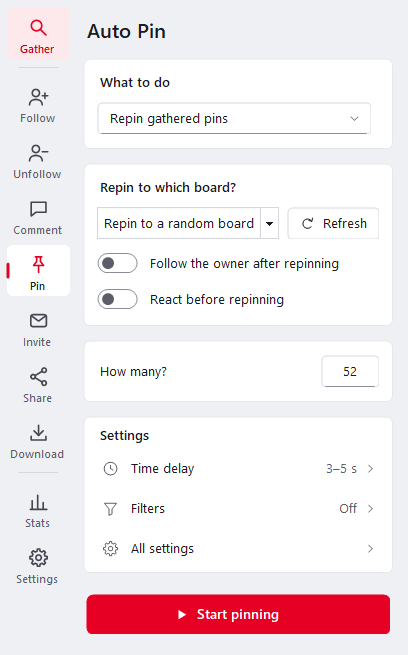 Ninja Pinner Auto Pin settings for repinning gathered pins to your board