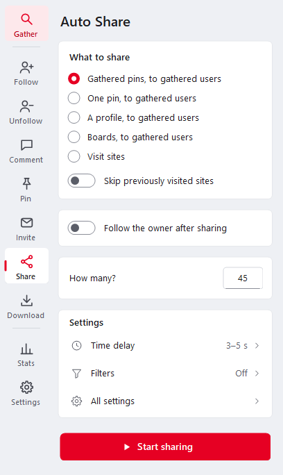 Ninja Pinner Auto Share settings for sharing pins, profiles and boards with gathered users