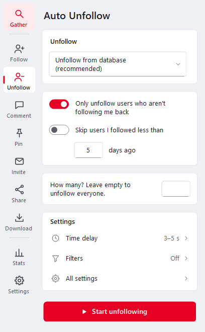 Ninja Pinner Auto Unfollow settings for unfollowing users who don’t follow you back