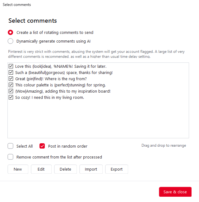 Ninja Pinner comment list with spintax comments posted in random order