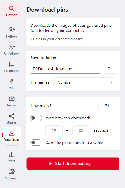 Ninja Pinner Download pins panel for saving gathered pin images to a folder