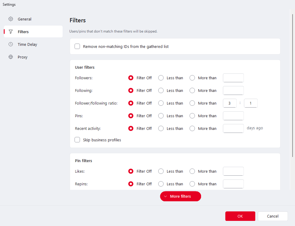 Ninja Pinner filter settings for users (followers, following, pins, activity) and pins (likes, repins)
