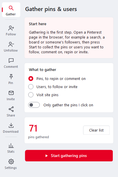 Ninja Pinner Gather panel for collecting pins or users from any Pinterest page