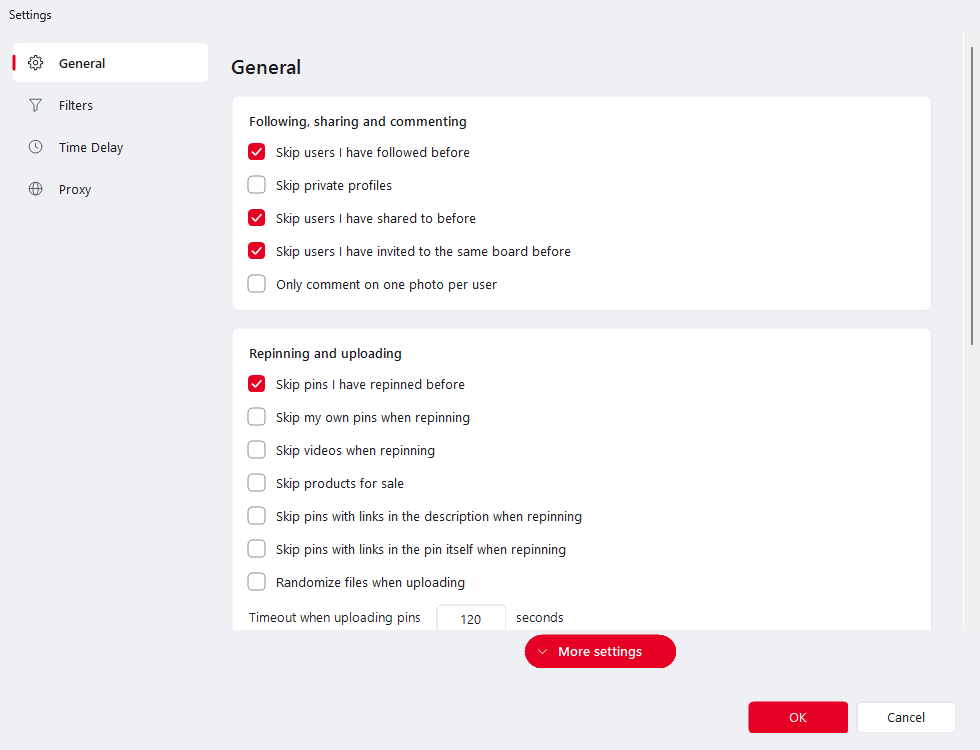 Ninja Pinner general settings for skipping users and pins when following, sharing, repinning and uploading