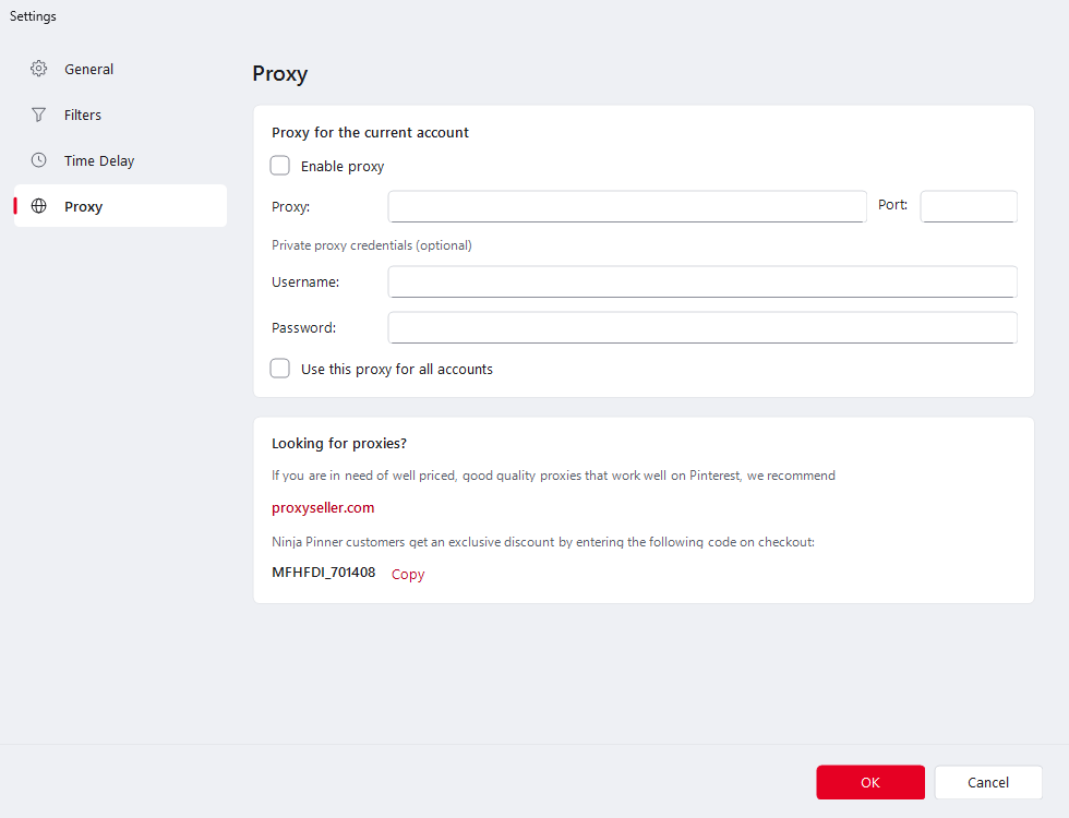 Ninja Pinner proxy settings for using a private proxy per account