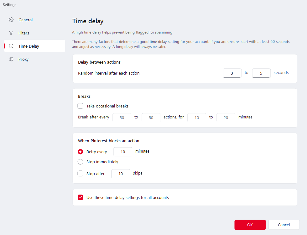 Ninja Pinner time delay settings with random delays, breaks and what to do when Pinterest blocks an action
