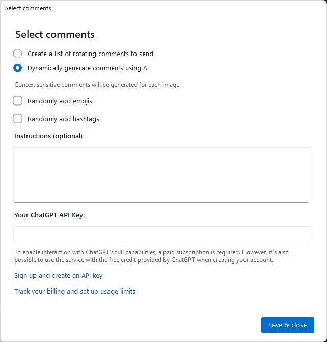 NinjaGram comment settings for AI-generated comments using a ChatGPT API key