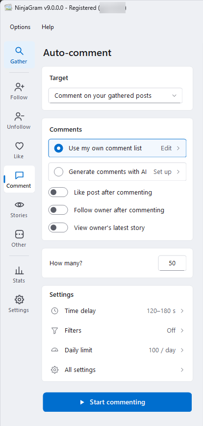 NinjaGram Auto-comment page with own comment list and AI comment options
