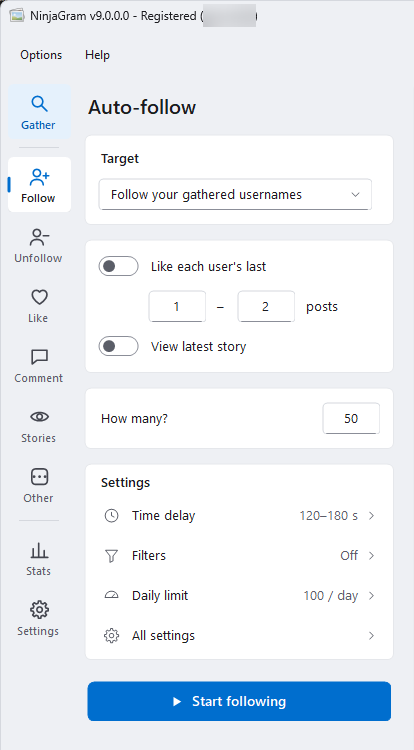 NinjaGram Auto-follow page with target, like and story options and daily limits