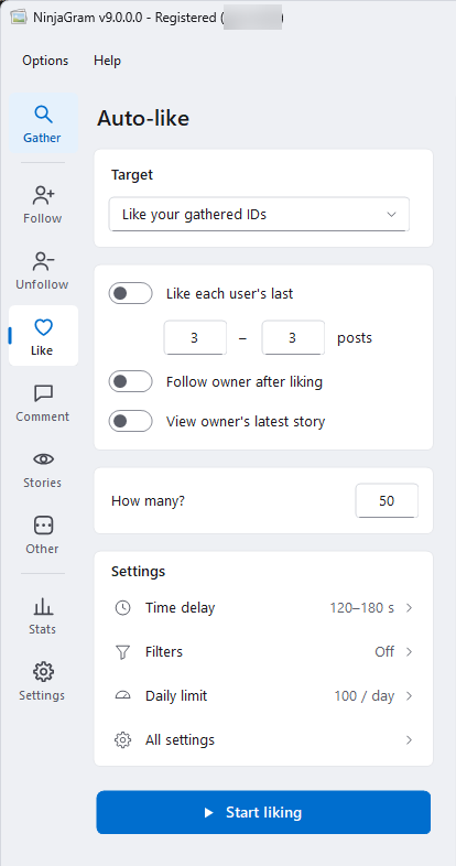 NinjaGram Auto-like page for liking gathered Instagram posts