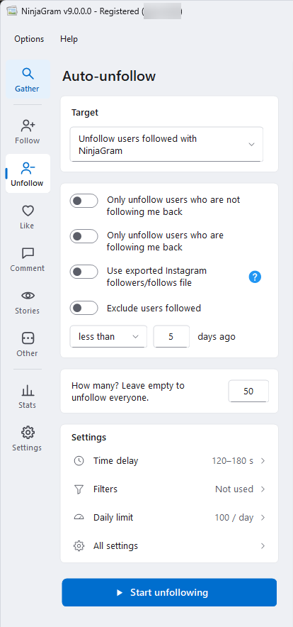 NinjaGram Auto-unfollow page with options to unfollow users who don't follow back