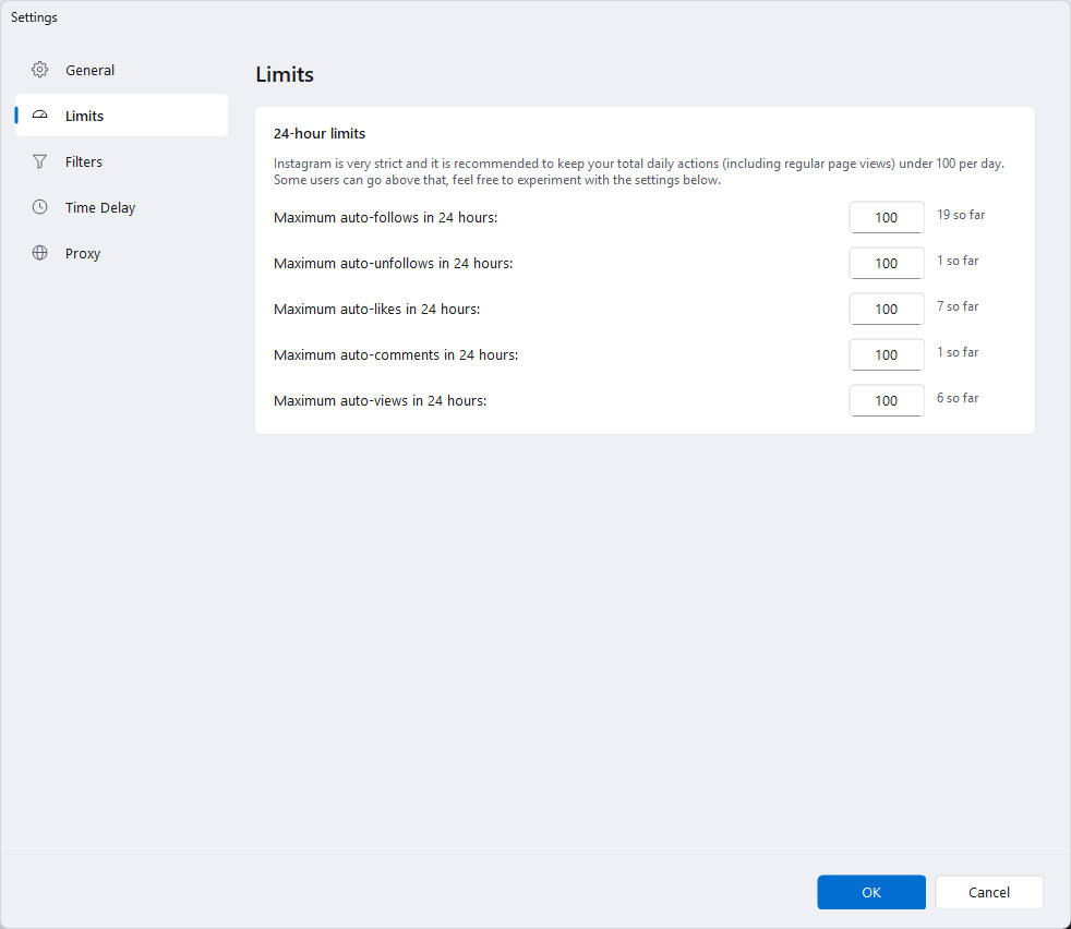 NinjaGram Limits settings with maximum follows, unfollows, likes, comments and views per 24 hours