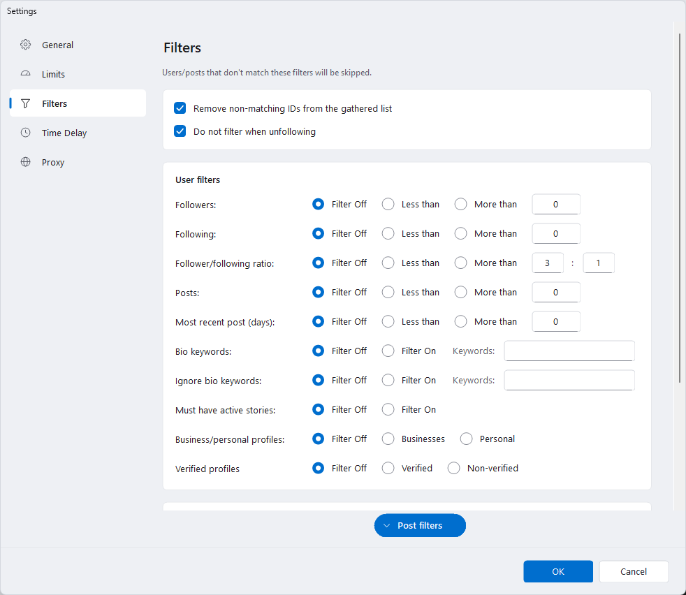 NinjaGram Filters settings for followers, following ratio, posts, bio keywords and profile type