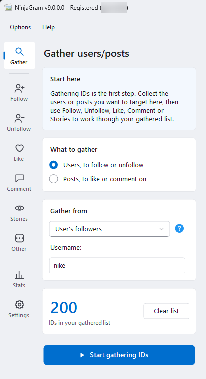 NinjaGram Gather page collecting the followers of an Instagram account