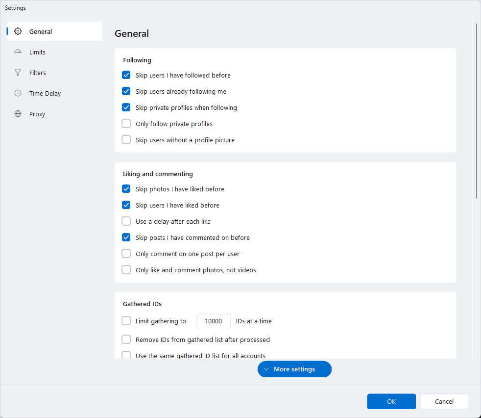 NinjaGram General settings for following, liking, commenting and gathered IDs