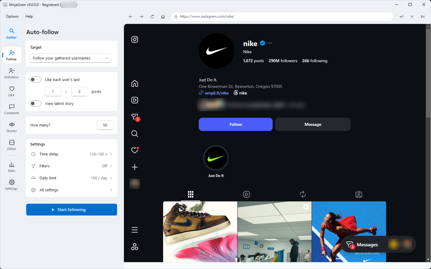 NinjaGram main window showing the Auto-follow page next to the built-in Instagram browser