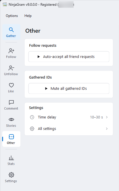 NinjaGram Other page with auto-accept follow requests and mute gathered IDs