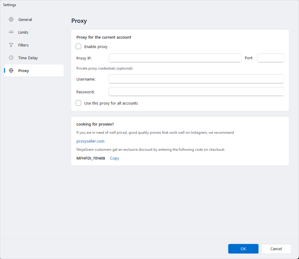 NinjaGram Proxy settings with proxy IP, port and optional login