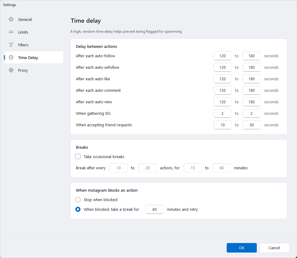 NinjaGram Time delay settings with random delays, breaks and block handling