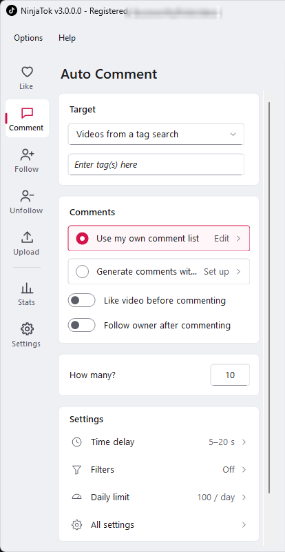 NinjaTok auto comment settings using your own comment list or AI-generated comments