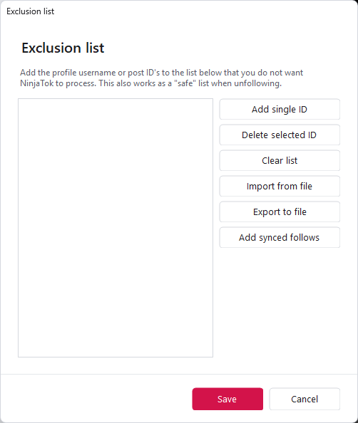 NinjaTok exclusion list for TikTok users and posts the bot should skip