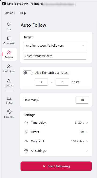 NinjaTok auto follow settings for following another TikTok account’s followers