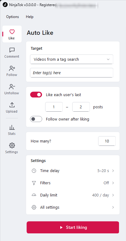 NinjaTok auto like settings for liking TikTok videos from a hashtag search