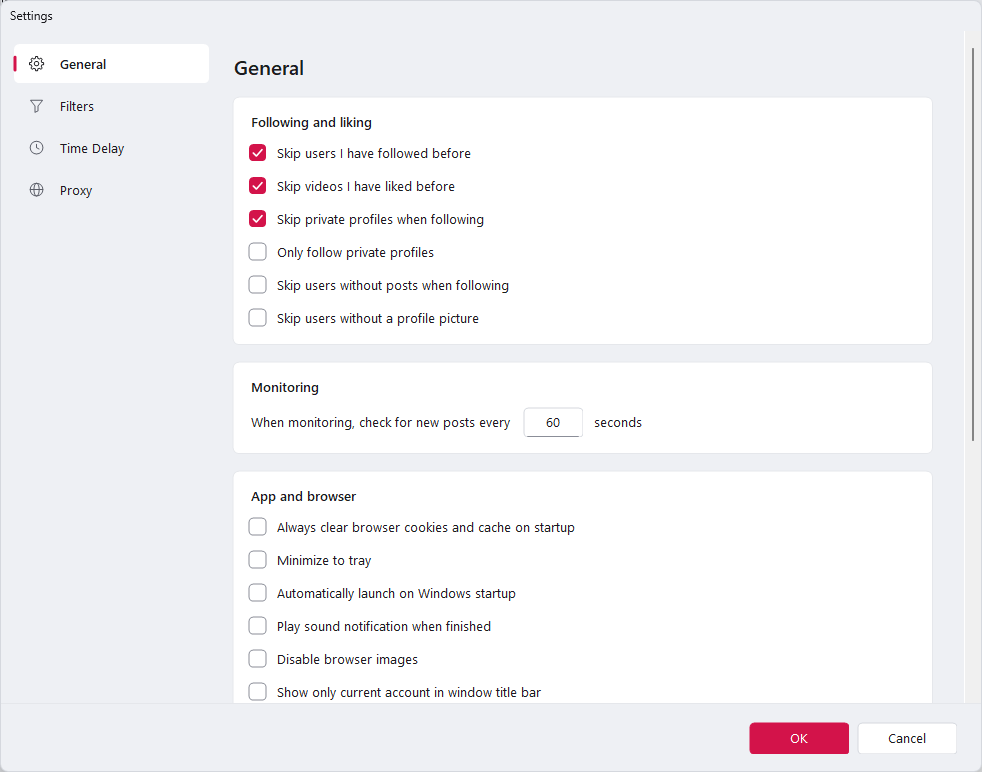 NinjaTok general settings for skipping private profiles and previously followed users
