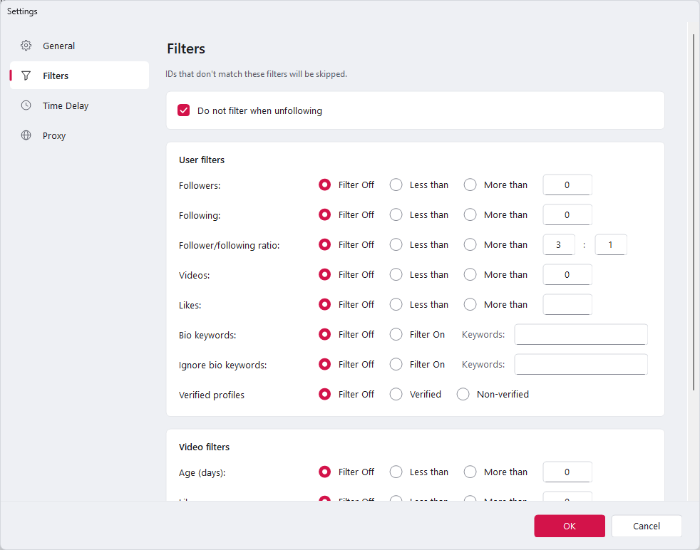 NinjaTok filter settings for TikTok followers, following, likes and bio keywords