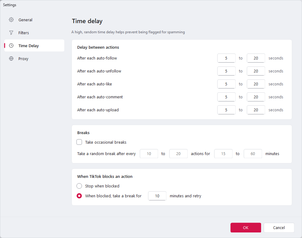 NinjaTok time delay settings with random delays and breaks between TikTok actions