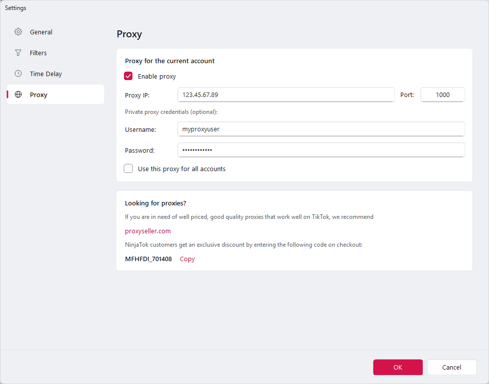NinjaTok proxy settings for running each TikTok account through its own proxy