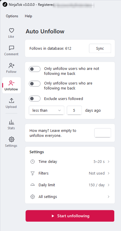 NinjaTok auto unfollow options for unfollowing TikTok users who don’t follow you back