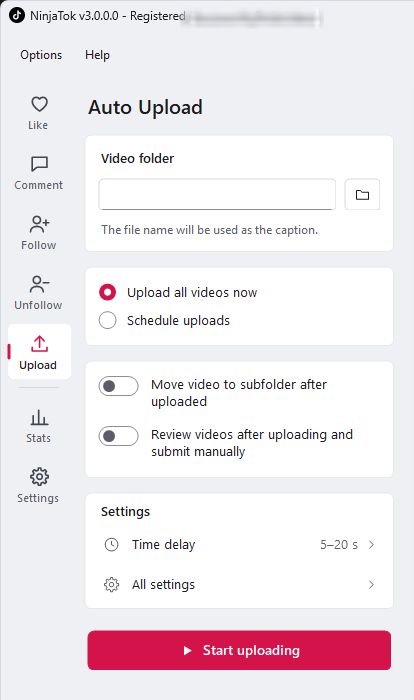 NinjaTok auto upload panel for posting TikTok videos from a folder