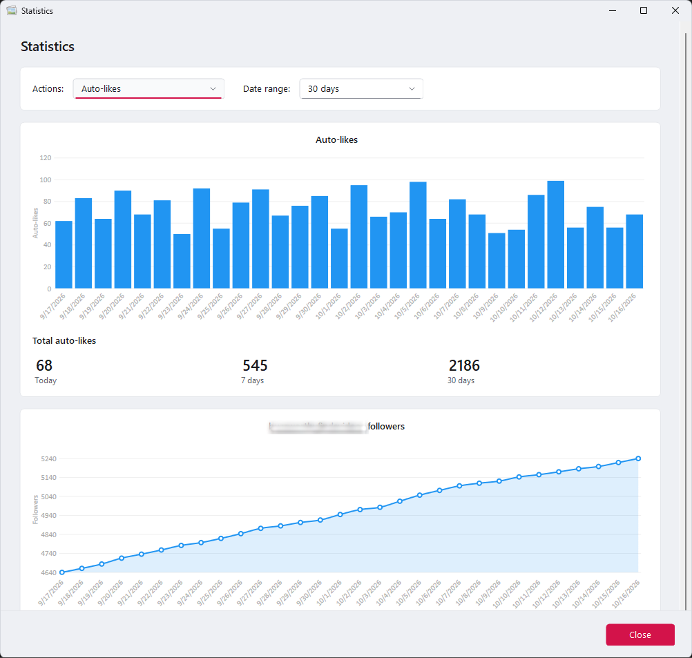 NinjaTok statistics showing daily TikTok auto-likes and follower growth over 30 days
